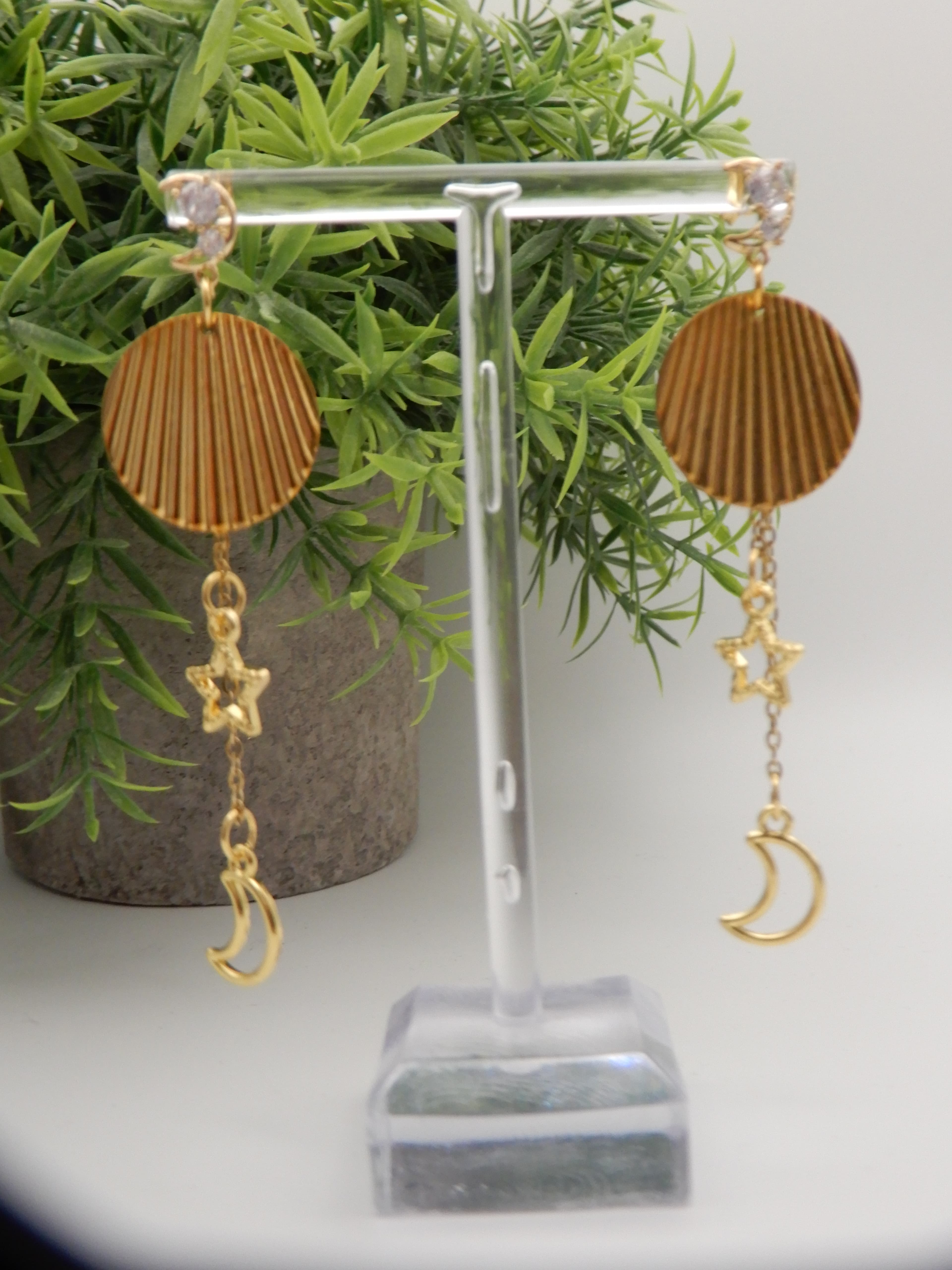 Moon and Star Gold Drop Stud Earrings