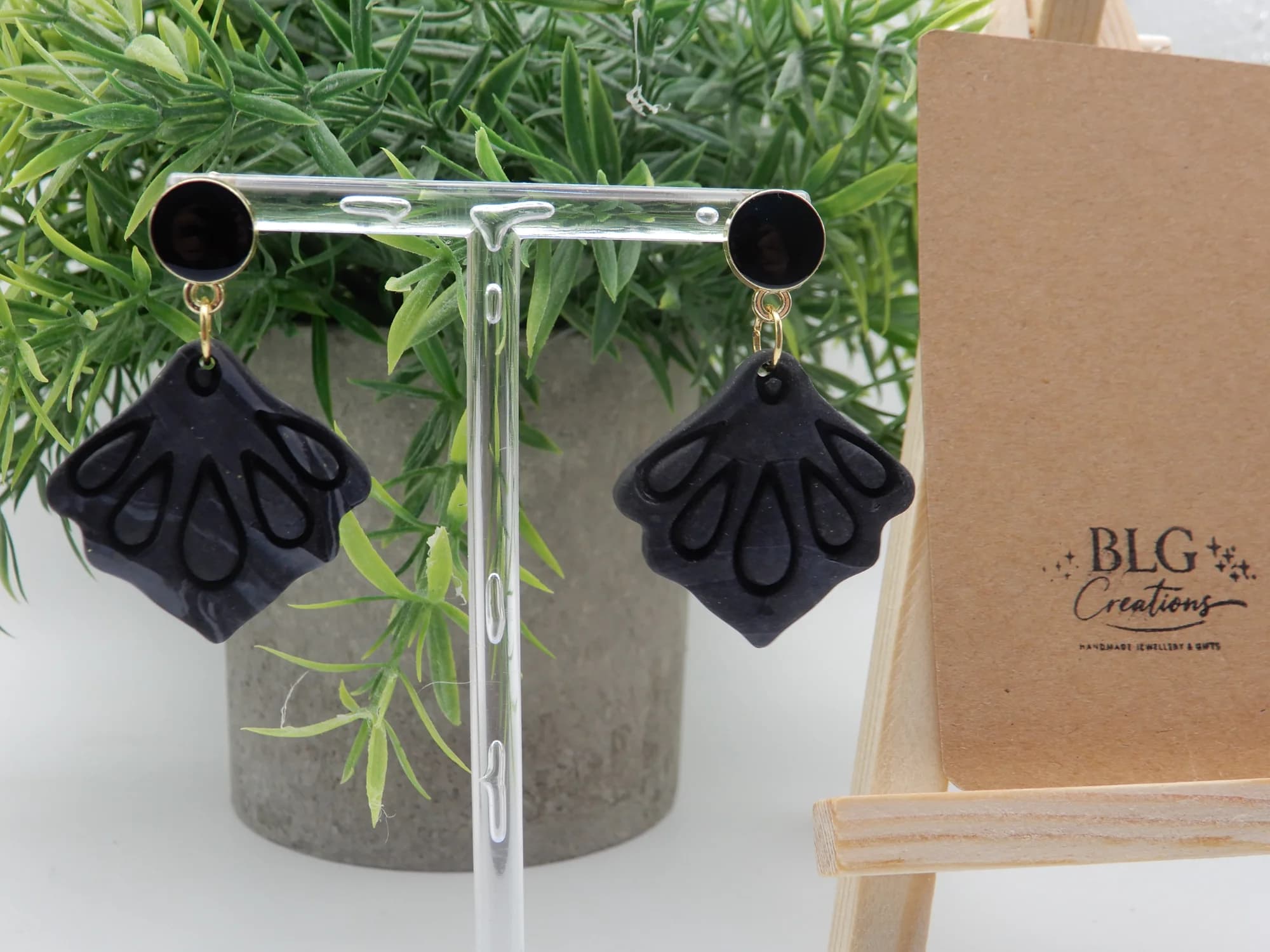 Black & Grey Marble Stud Dangle Earrings
