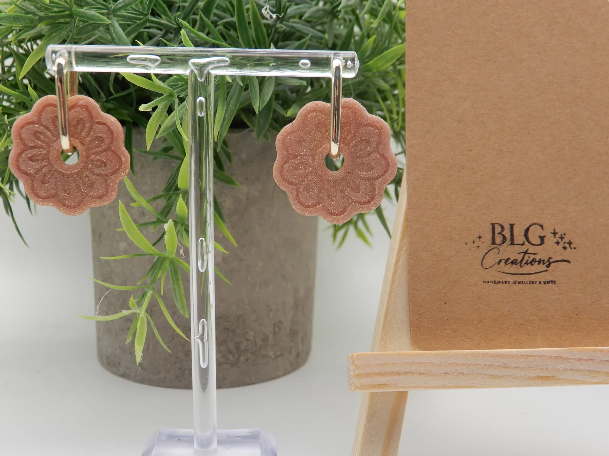 Rose Gold Glitter Floral Hoop Earrings