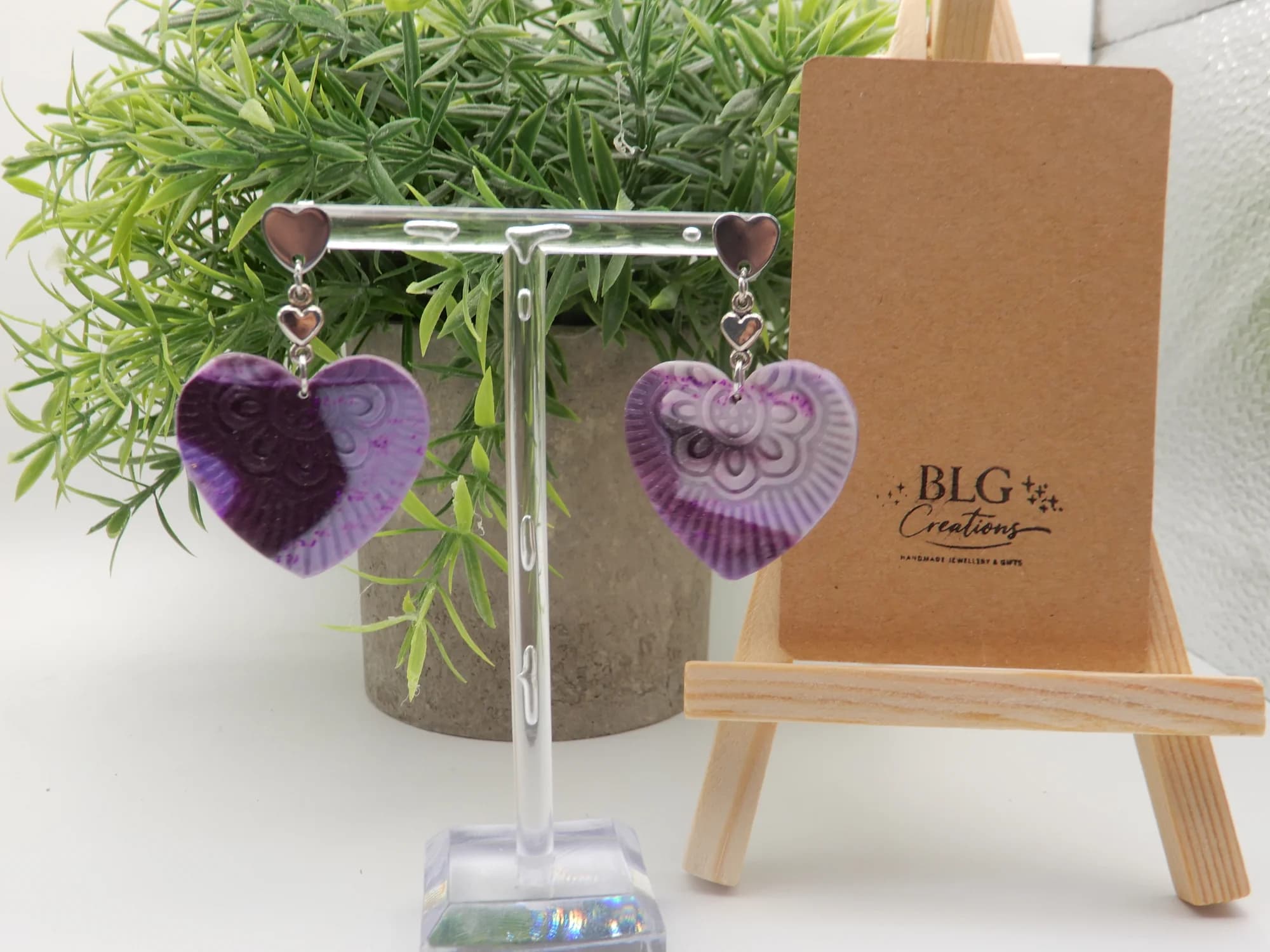 Purple Heart Dangle Stud Earrings