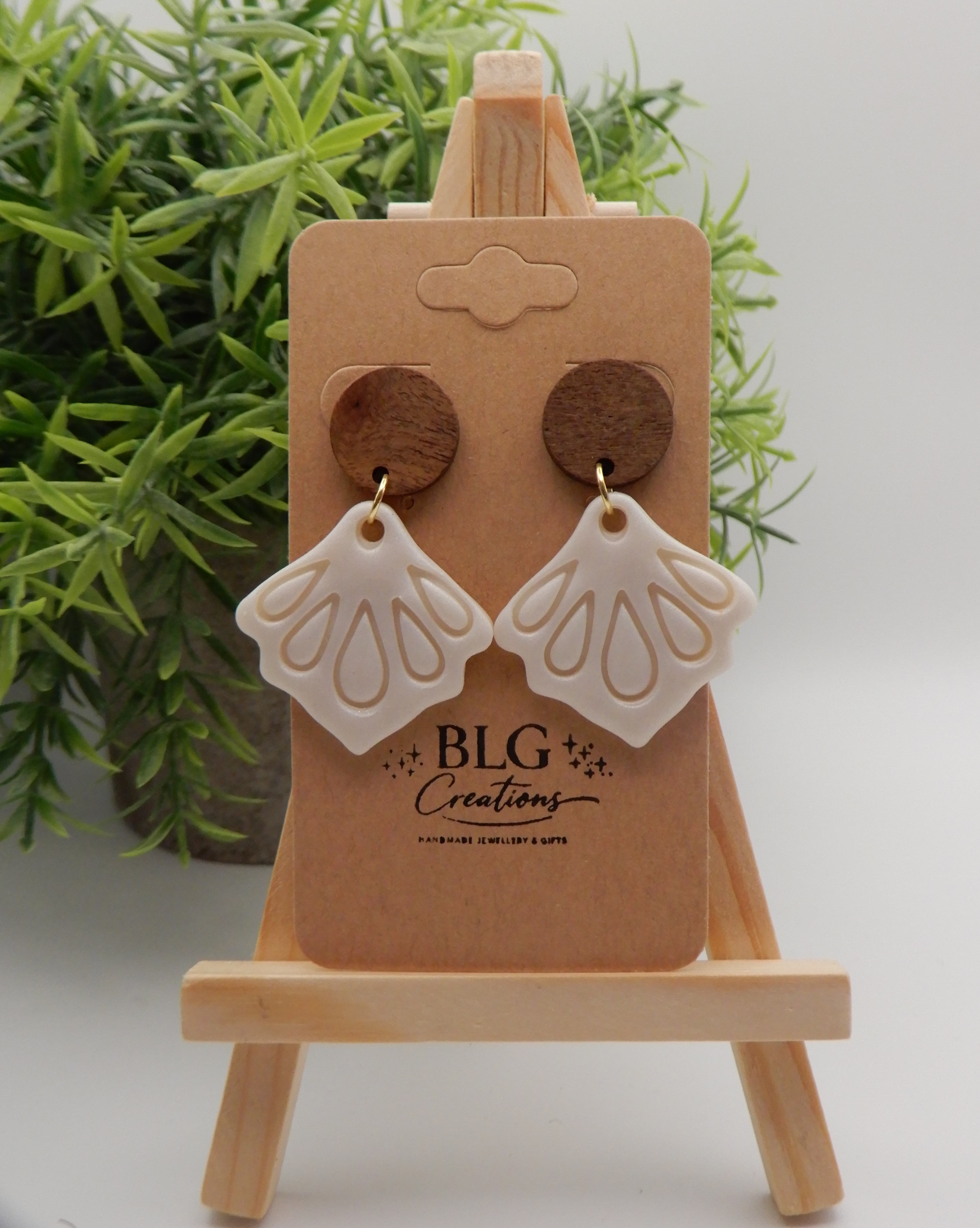 Wooden Stud Earrings with Cream Pearlescent Drops